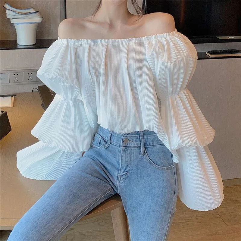 Blusas mujer de moda женская одежда slash Шея фонарь рукав женские топы корейский стиль Горячая весна осень новые рубашки сексуальный стиль
