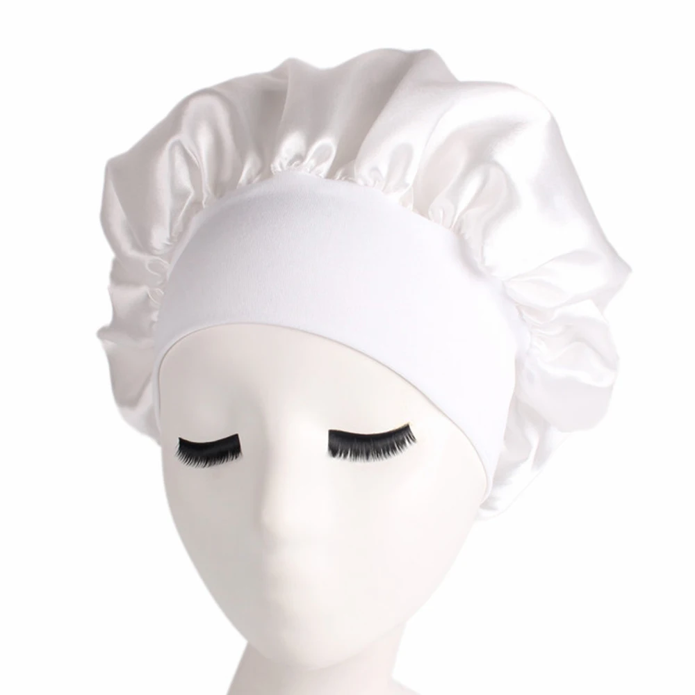 58cm Solid Color Long Hair Care Women Satin Bonnet Cap Night Sleep Hat Silk Head Wrap Adjust Shower Caps Knitted Cap - Цвет: 3