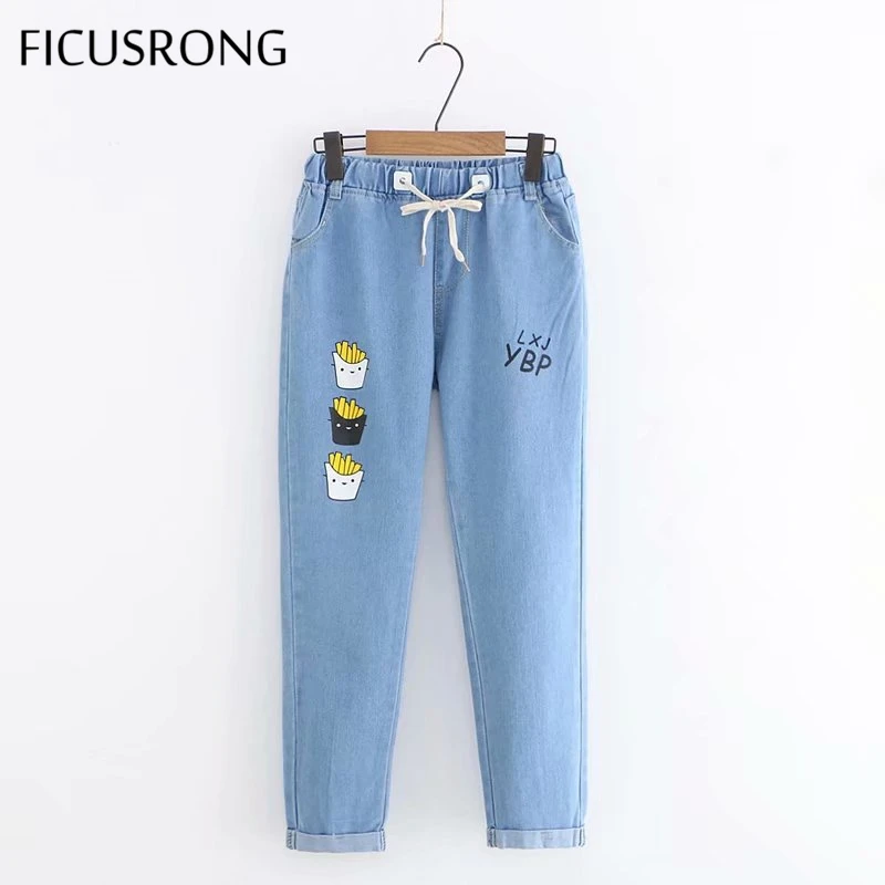 

2020 New Spring Women Fashion Casual Cartoon Print Jeans Trousers Lady Drawstring Elastic Waist Pencil Pants FICUSRONG