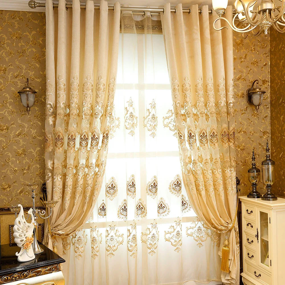 

European-Style Hollow Embroidered Curtain Semi-Shading Fabric Curtain General Pleat Curtains for Living Room Bedroom