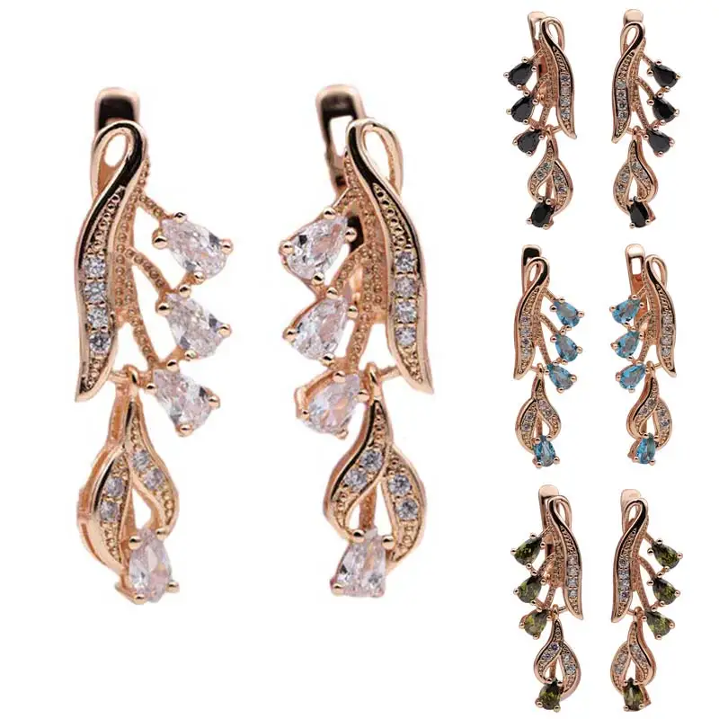 

Fashion 1Pair Hollow Out Natural Zircon Alloy Crystal Earring Rose Golden Multicolor Water Drop Wedding Party Fine Jewelry