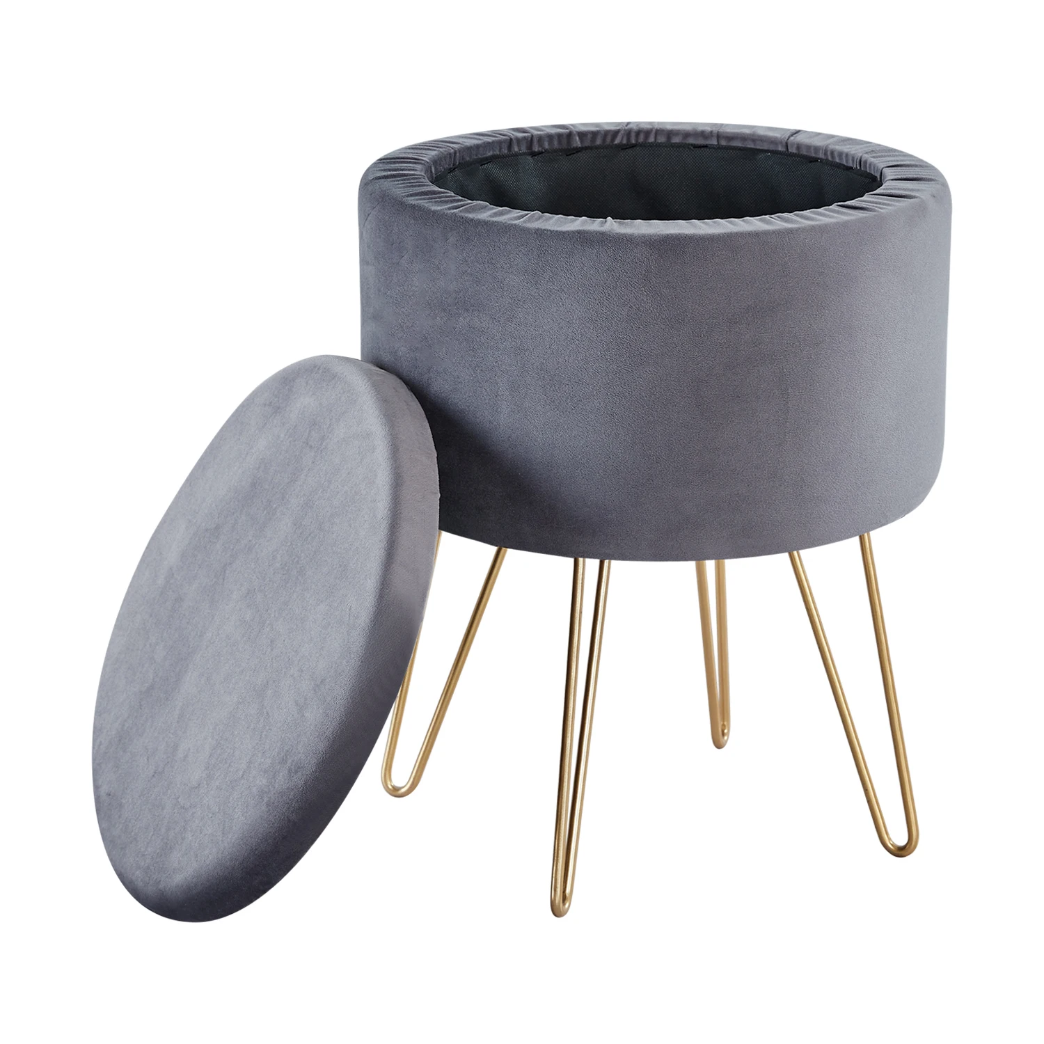 Round Ottoman Storage Pouffe Stool Soft Velvet Footstool Dressing Vanity Chair 