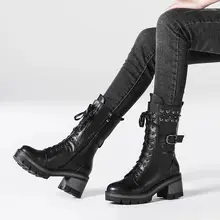 New Gothic Boots Woman Low Heel Black Women's High Top Leather Shoes Cool Woman Studded Boots 2022 Platform Punk Boots For Women