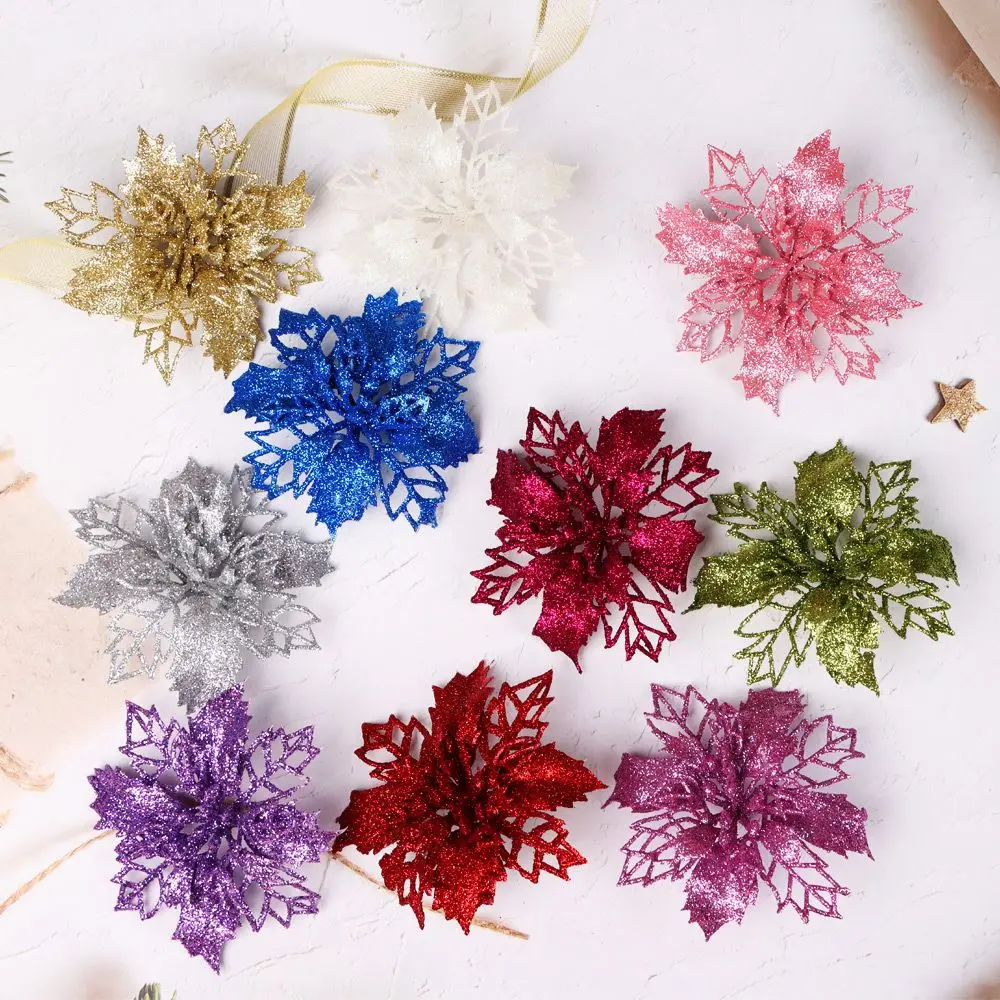 

1PC 9cm Colorful Plastic Artifical Christmas Flowers New Glitter Christmas Tree Decorations Fake Flowers Home Xmas Ornaments