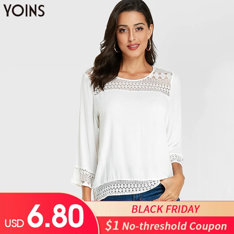 

YOINS 2019 Autumn Winter Women Tops and Blouses Lace Round Neck Insert Long Sleeves Blouse Regular Casual Work Style Women Shirt