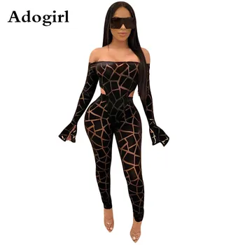 

Irregular Geometry Plaid Print Sheer Mesh Bodysuit+Pencil Pants Women Slash Neck Flare Long Sleeve Romper Tracksuit Club Outfits