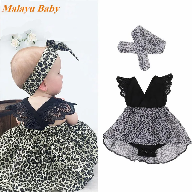 Malayu Baby/летнее платье для маленьких девочек шифоновое леопардовое платье с v-образным вырезом и короткими рукавами, сшитое платье с ремешком для волос, 2 предмета, одежда для малышей