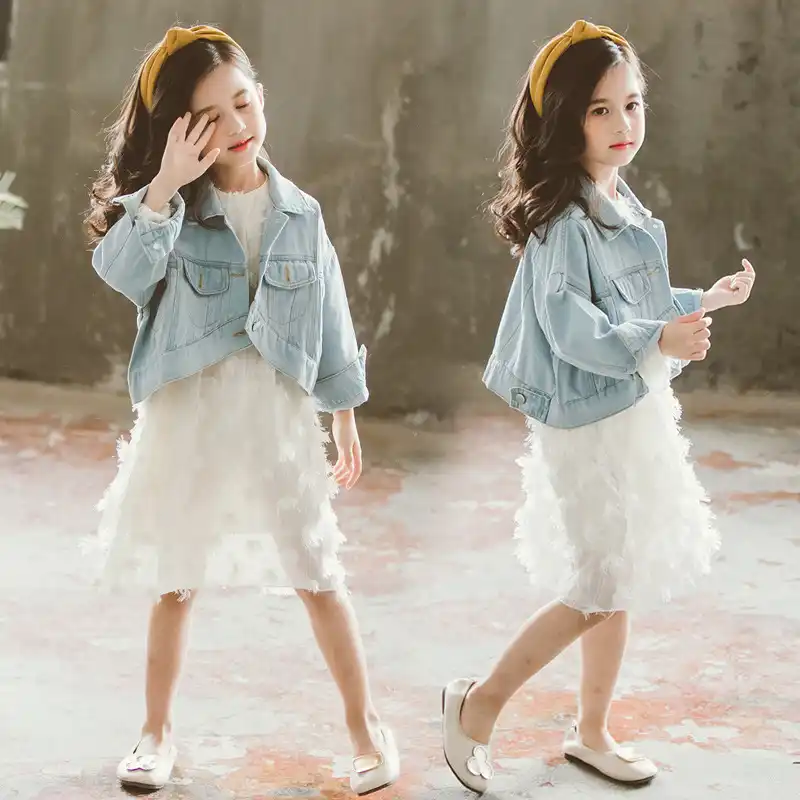 white dress and denim jacket