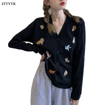 

Autumn 2020 New Cardigan Jacket Women V-neck Long-sleeve Knitted Sweater Women Fashion Loose Embroidery Small Animal Sweater Top