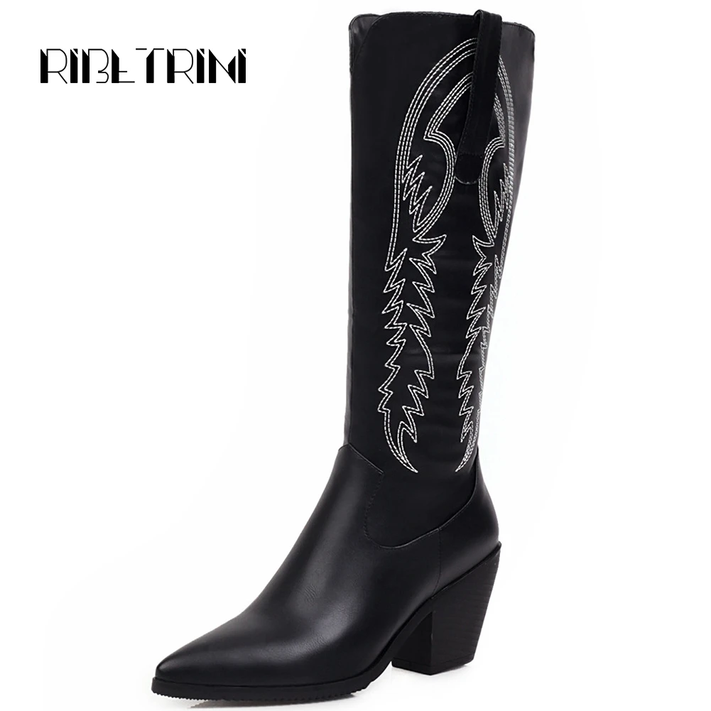 

RIBETRINI Chelsea Knee High Boots Women Vintage Square Heels Shoes Woman Zipper Pointed Toe Riding Boots Women Plus Size 31-47