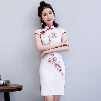 

New Arrival White Chinese Women's Elegant Cotton Qipao Classic Slim Dress Cheongsam Sexy Embroidery Dress Clothing Size XXXL