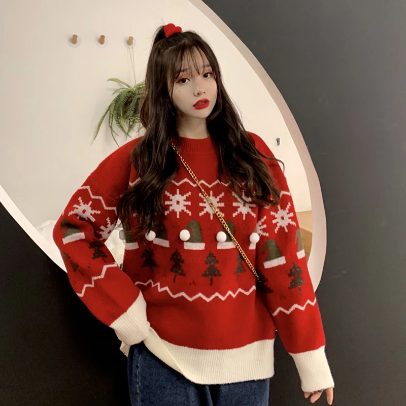 

Christmas Pullover Knitted Sweater Women O-Neck Long-Sleeved Loose Knitwear Female 2021 New Autumn And Winter Hot Sale