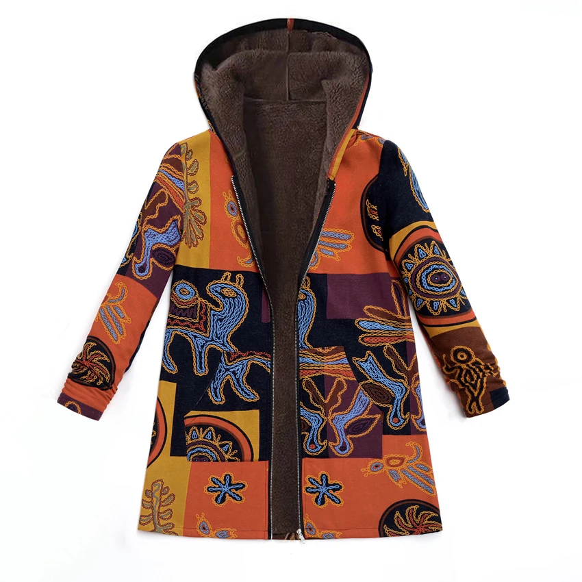 

Winter Autumn Long Sleeve Basic Outerwear 2019 Plus Size Women Retro Hooded Ethnic Printed Faux Fluffy Thin Coat Jackets