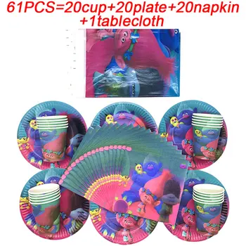 

61PCS Trolls Birthday Party Decorations Supplies Set Troll Theme Tablecloth Baby Shower Happy Birthday Party Napkins Cup Plates