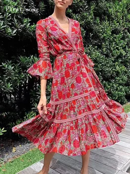 

First song Skinny Belt Chiffon Print Sexy Women's Long Dress 2020New Summer Long Sleeve Stitching Contrast V-neck Women's Dress
