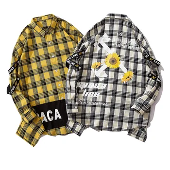 

2019 new spring and autumn Plaid printed Single Breasted mens dress shirts loose long sleeve shirt England Style Couple wear