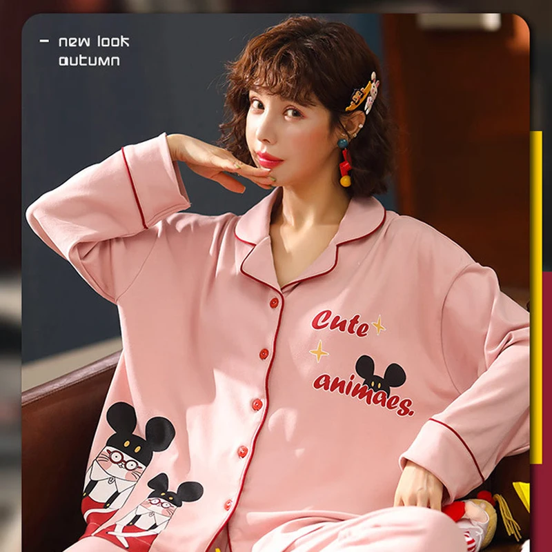 2pcs Women Pajama Set Nightwear Turndown-collar Cute Cartoon Printing Plus Size Autumn Winter Home Long Style Casual Loungewear