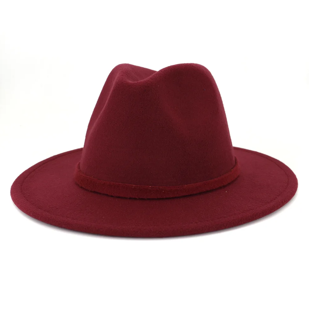 QIUBOSS унисекс для мужчин и женщин Манхэттен Fedora однотонная шляпа плоские полями шерсть фетр мягкая классическая Кепка джентльмена джаз шляпа ковбой шляпы - Цвет: Burgundy