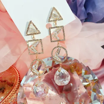 

MENGJIQIAO Korean Exaggerated Square Round Zircon Long Drop Earrings For Women Luxury Ball Crystal Pendientes Party Jewelry