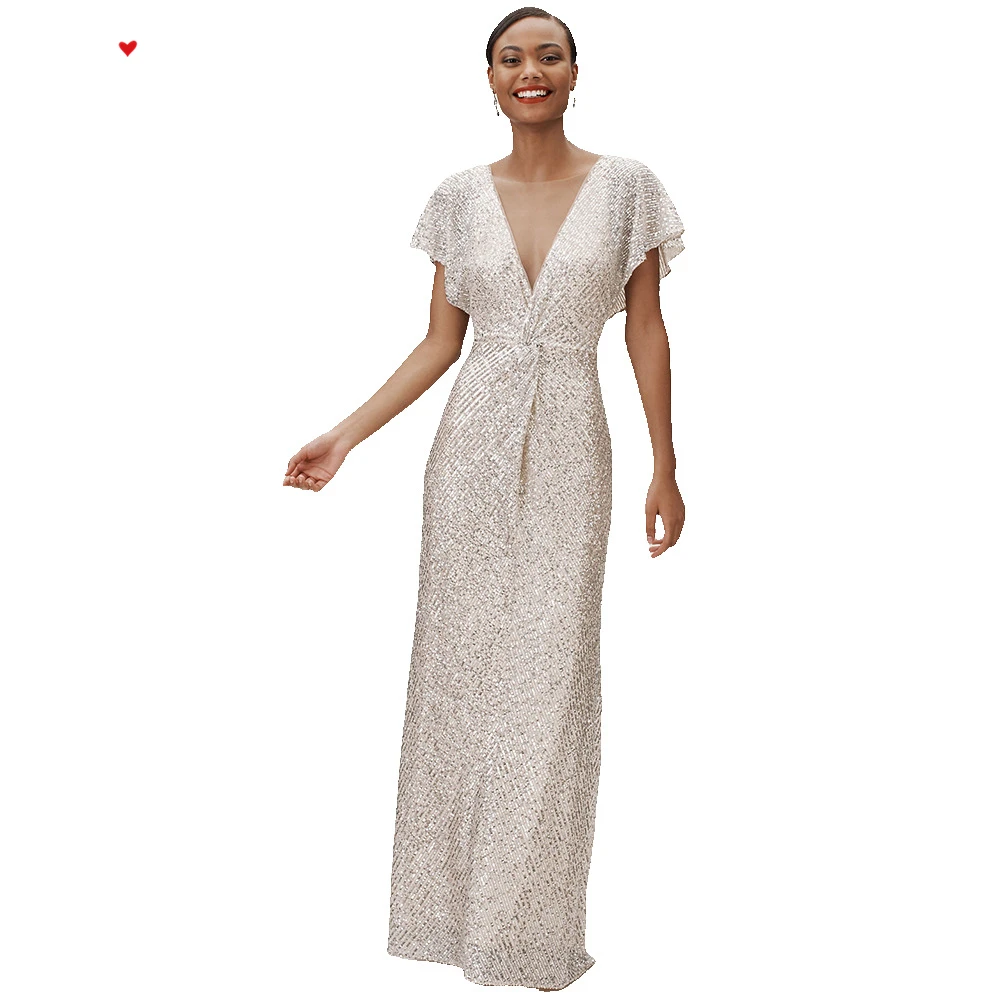 

OllyMurs Fashion 2020 Spring Sexy Temperament Women's High Waist V-neck Big Swing Sequin Evening Dress