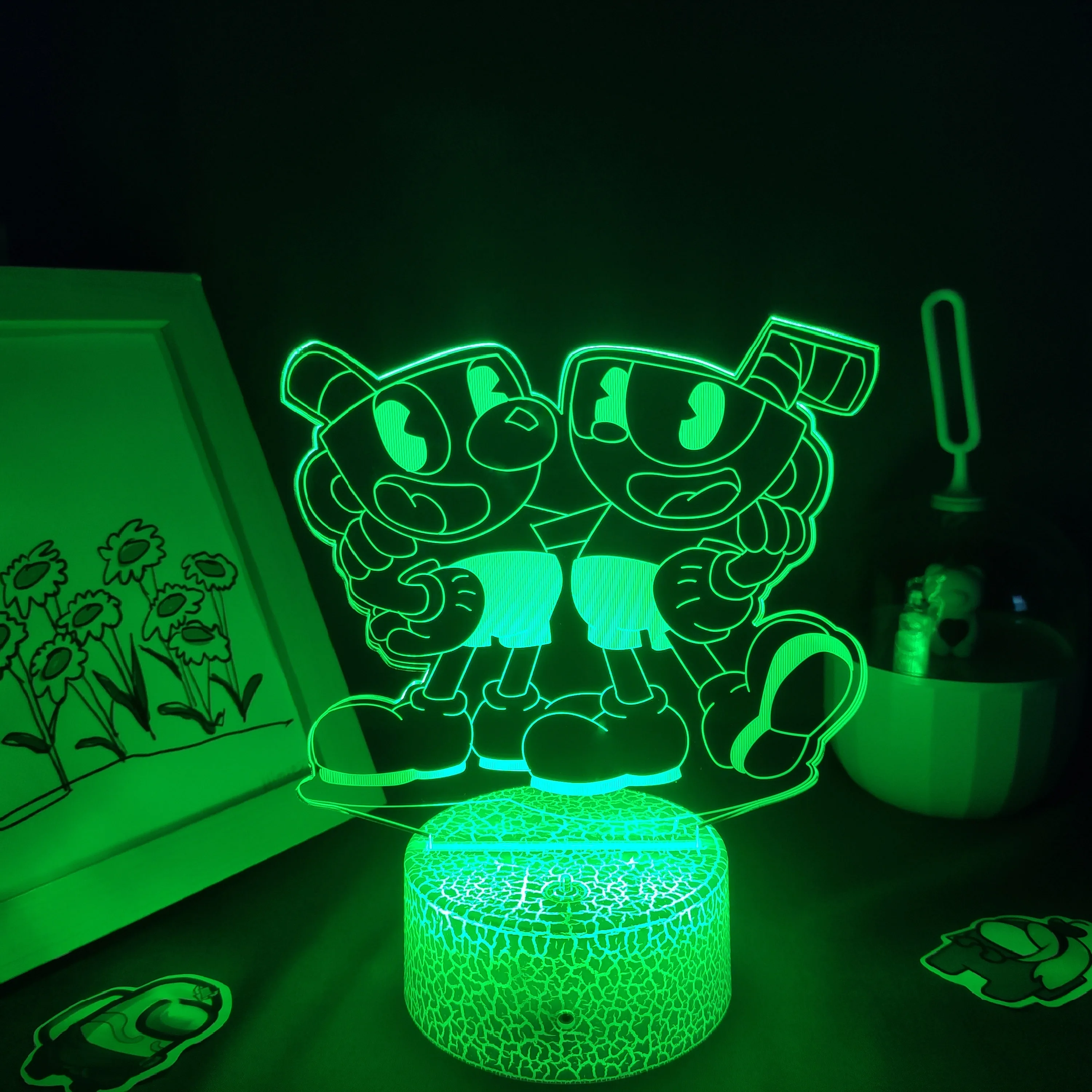Cuphead Mugman ���� 3D Led ��� ���� RGB �׿� ���͸� �߰� ���� ģ�������� ���� ���� ���� �� ���̺� å�� ��ä�ο� ���
