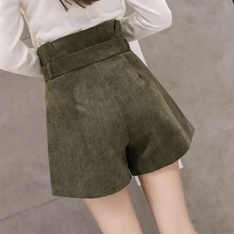 Autumn Winter New Women Corduroy Shorts Korean Fashion Bowknot Sashes Wide Leg Shorts Woman Casual High Waist Shorts