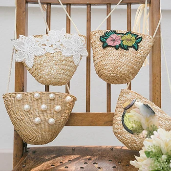 

Kids Mini Straw Bag 2020 New Little Girl Small Coin Wallet Pouch Cute Girls Pearl Rattan Change Purse Crossbody Bag