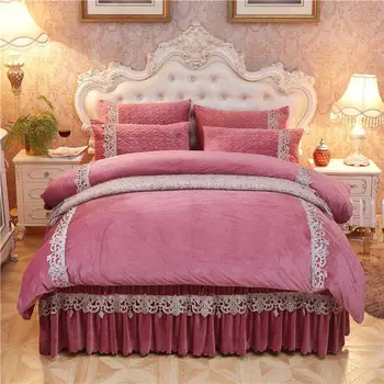 

Velvet Plush Warm Lace Duvet Cover J/6Pcs Queen King size Luxury Red Bedding set Ruffled Quilted Bed skirt/Spread Pillowcase
