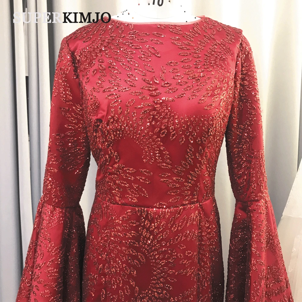 SuperKimJo бордовые Вечерние Платья Vestidos De Fiesta De Noche с расклешенными рукавами элегантное блестящее вечернее платье Robe De Soiree