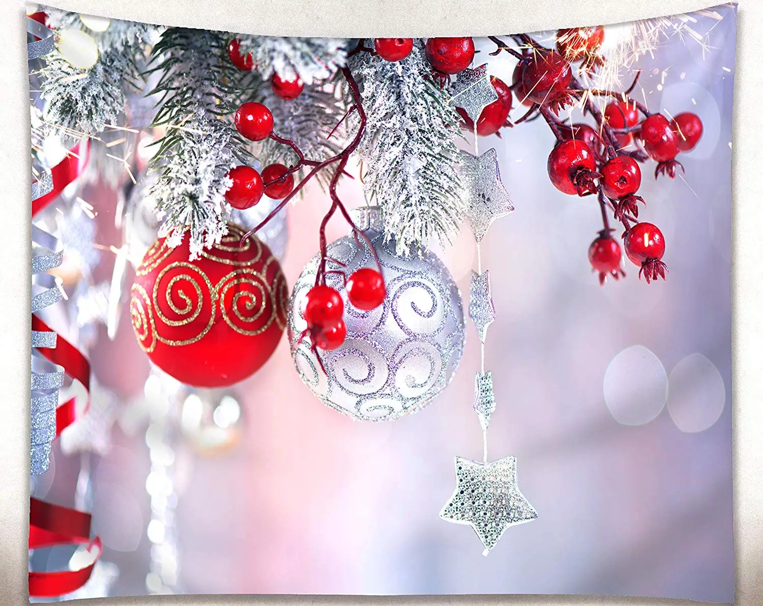 

Red Balls Christmas Ornaments Snow and Christmas Tree Fabric Tapestry Home Decor