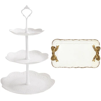 

1 Set Tray Serving Platter Cake Stand Traydessert Tray & 1 Pcs European Retro Bow Storage Tray Resin Fruit Tray