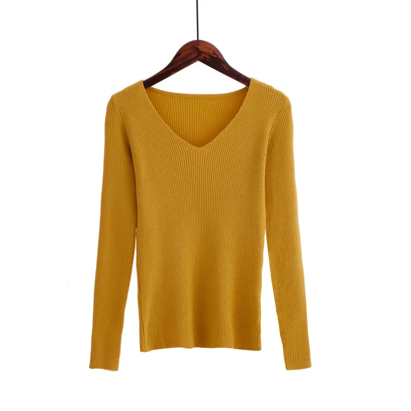 JJ1028Yellow Новинка осенний женский свитер женский тонкий офисный Топ Модный повседневный длинный рукав v-образный вырез однотонный вязаный пуловер - Цвет: JJ1028Yellow