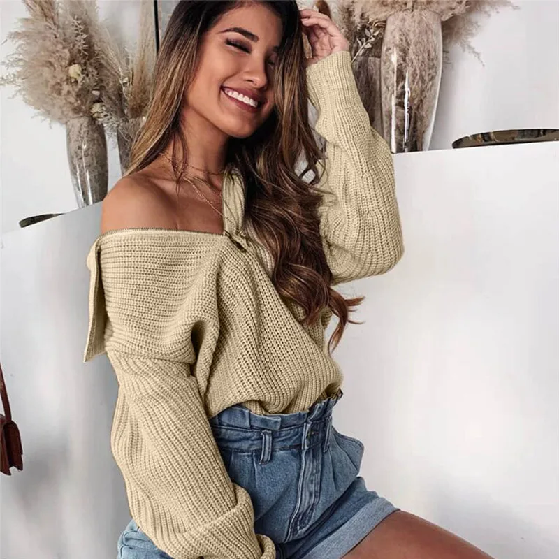 Женский Однотонный свитер с v-образным вырезом на молнии вязаный топ Truien Dames pull femme