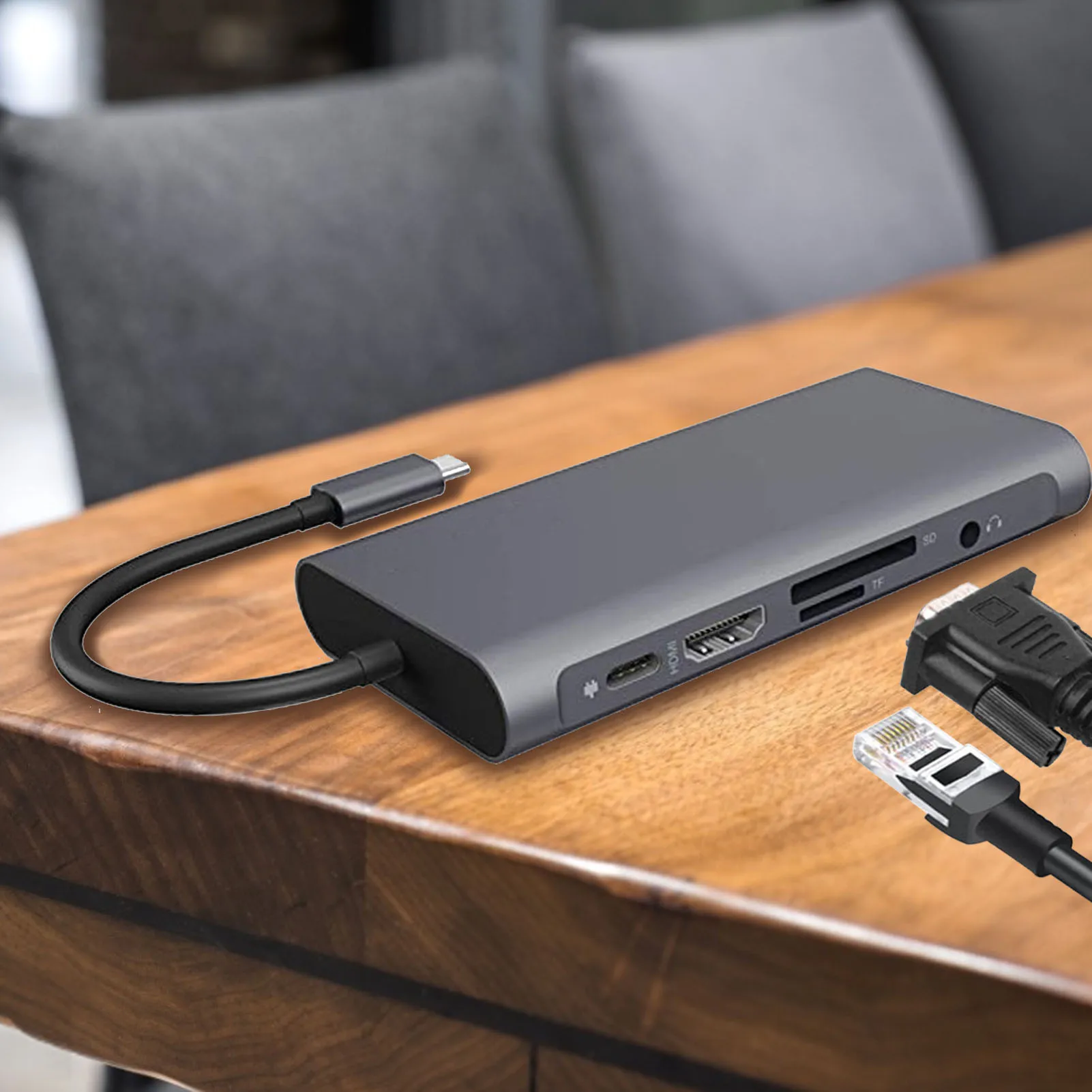 Áudio + Vga para Macbook 10 em 1 tipo c Compatível com Usb3.0 3 + Hdmi 4k + tf + sd + Rj45 + pd + Áudio Multif Docking Station Hdmi-adaptador * + Vga para Macbook Hub 2 Computador e Escritório