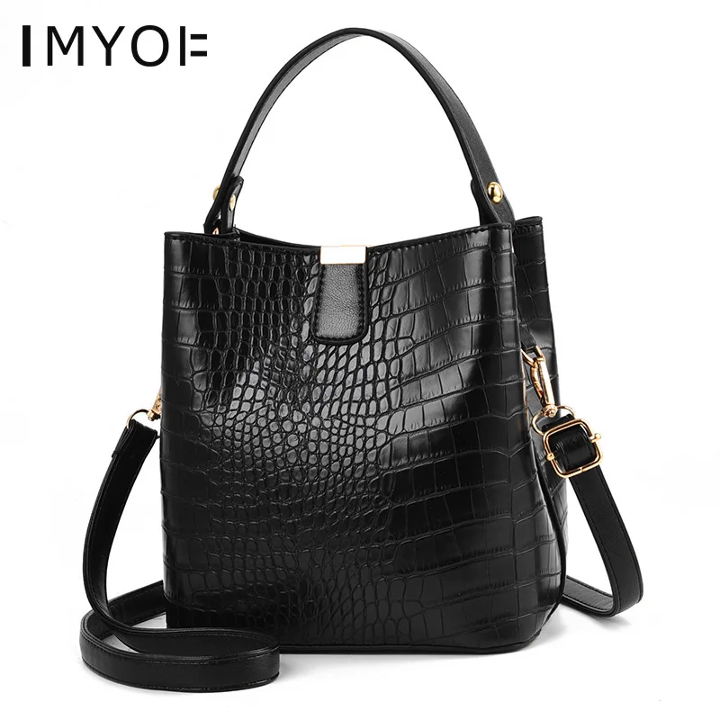 

New Simple Women Handbags Fashion PU Leather Crocodile Pattern Ladies Bucket Shoulder Bag Luxury Female Crossbody Bags Clutch