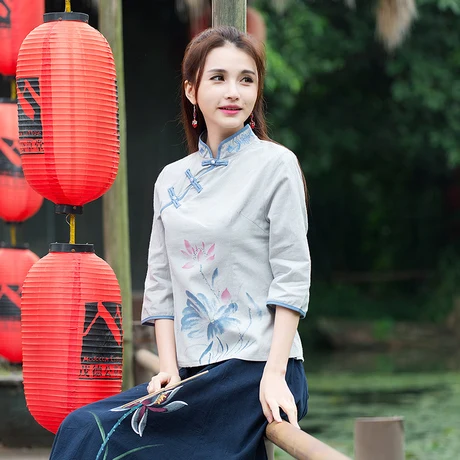 И художественная модель, женская одежда, летний китайский стиль, Xiaoli, воротник, вышивка, принт, античный Топ, этнический стиль, рубашка с короткими рукавами