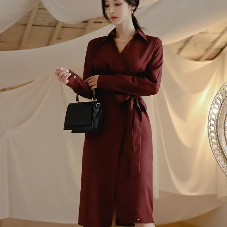 

Elegenat Turn-Down Collar Office Work Dress Women Sashes High Split Shirt Dress Autumn Long Sleeve Slim Dresses
