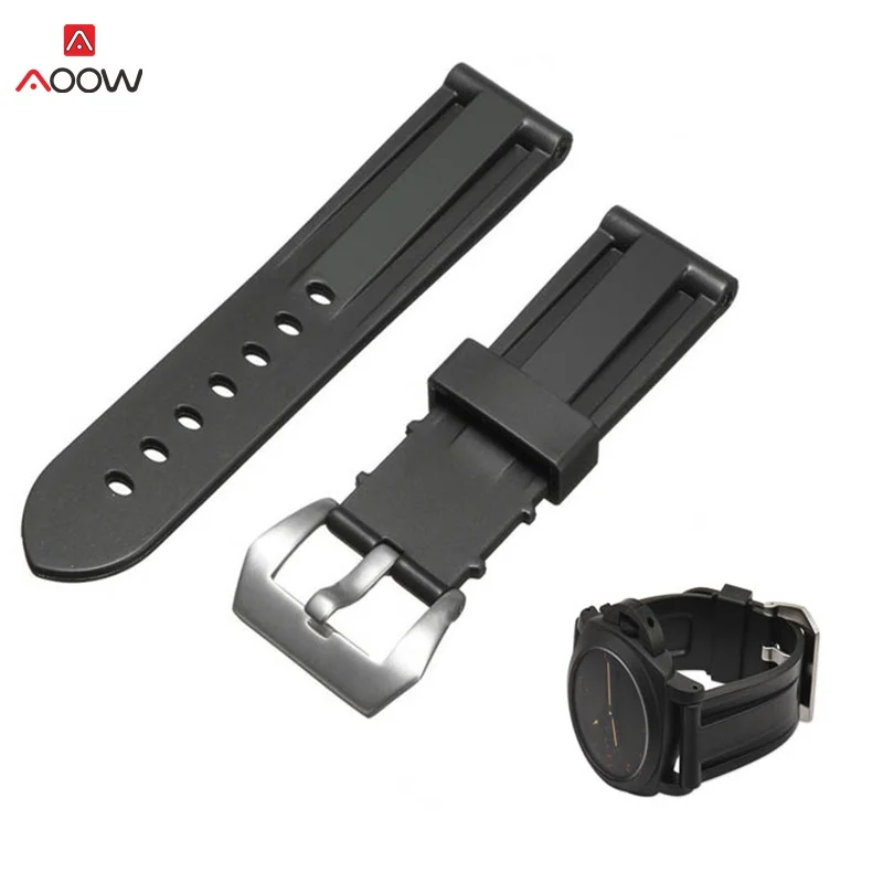 

AOOW 24mm 26mm Watch Straps for PAM111 Black Silicone Rubber Watchband Replacement for Panerai Strap Tools Steel Buckle