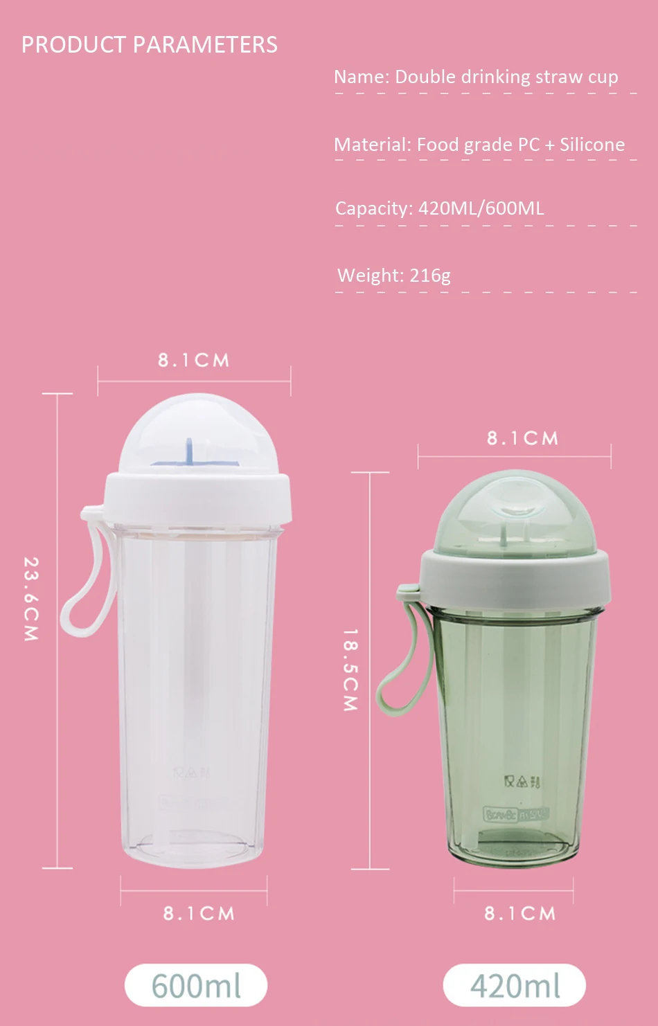 420/600ml Kawaii Double Straw Water Bottles Creative Lovers Drink Cup for Girls Portable Sports Plastic Water Bottle BPA Free