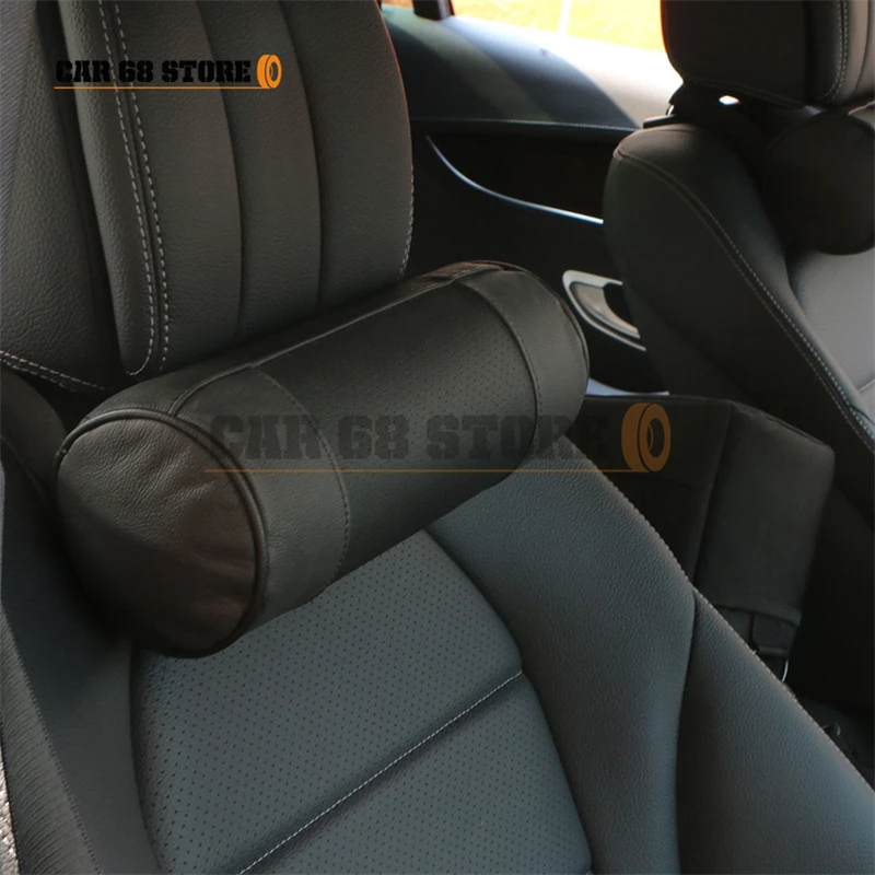 Car Seat Headrest Pillows Genuine Leather Auto Safety Cylindrical Neck Support Cover Cushion