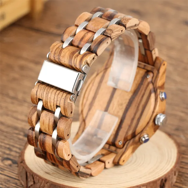 Luxury Chronograph Dial Wood Watch for Couple Wood + Stainless Steel Bangle Lover Quartz Wristwatch Folding Clasp 5