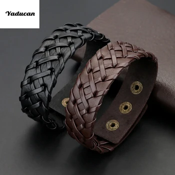 

Yaducan 2019 Hand Made Black Brown Elegant Temperament Simple Fashion Sexy Weaving Wide Leather Charm Bracelet Women Men