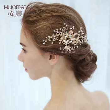 

Wedding Crystal Hair Accessories Pearl Gold Leaves Bridal Hair Comb For Women