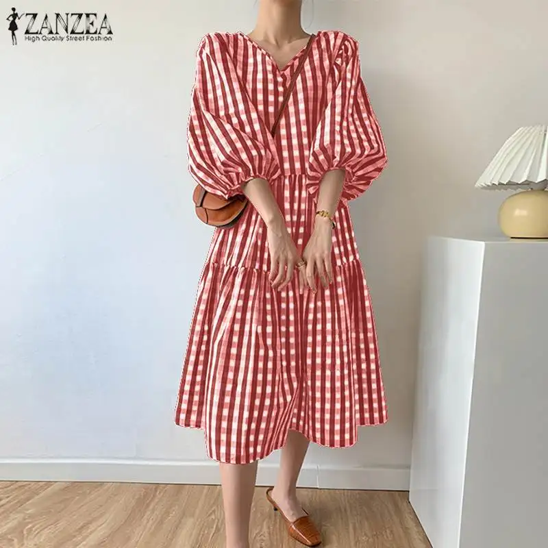 Stylish Summer Check Mid-Calf Dress ZANZEA Womens Puff Sleeve Sundress Vestidos Female V neck Casual Robe Femme Plus Size 5XL 7