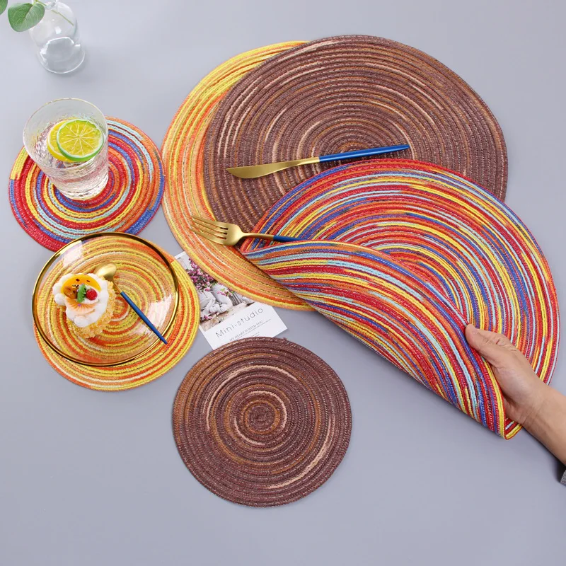 

Dining Coaster Set Placemat Table Mat Bowl Satin Dyed Ramie Cotton Yarn Woven Cup Pad Round Plate Mat Rainbow Color