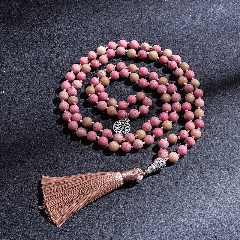 108 Natural ite & Rhodonite Mala Bead Necklace