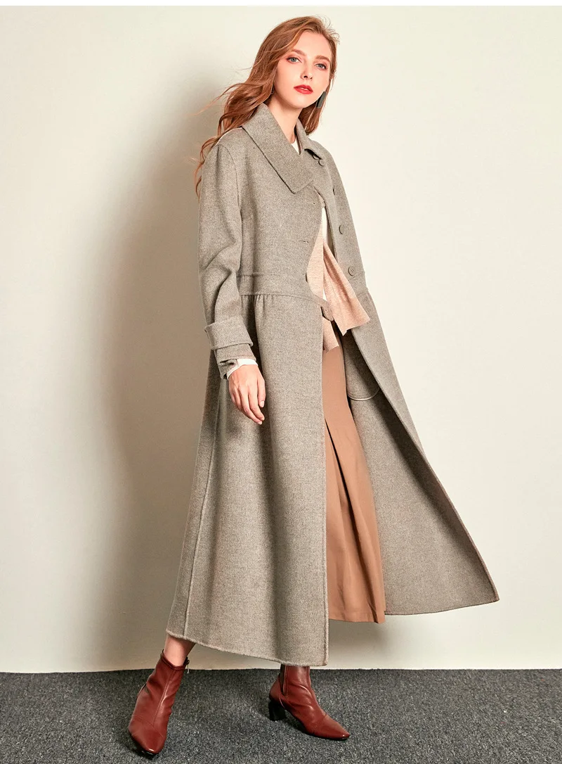 Темперамент High-end Двусторонняя кашемировое пальто Для женщин осень-зима Шерстяное пальто выше колена ботинки с высоким голенищем; однобортное Cc155