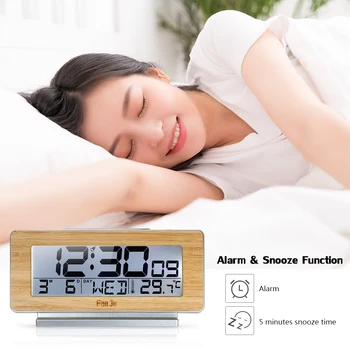 

Bamboo Digital LCD Alarm Clock Indoor Thermometer Hygrometer Wireless Sensor Digital Alarm Clock with Backlight Snooze Function