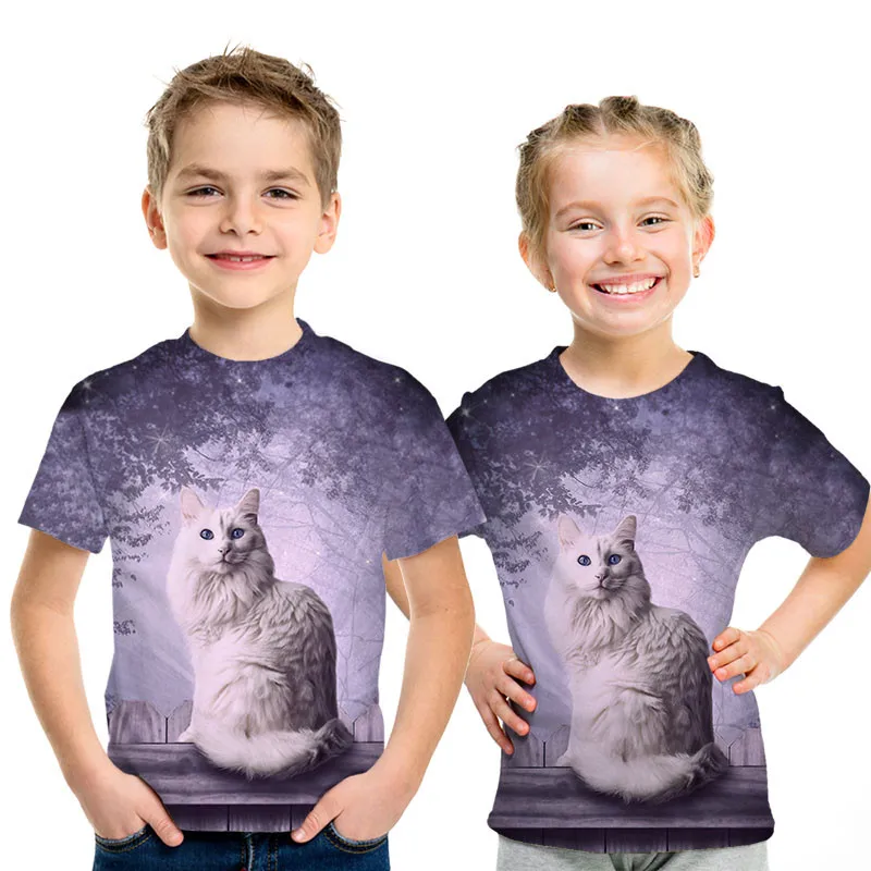 Модные джинсы, рваные цветные детские футболки с животным котом, летняя футболка с 3D принтом милого кота для мальчиков и девочек с круглым вырезом, 4-14 лет, Детская футболка