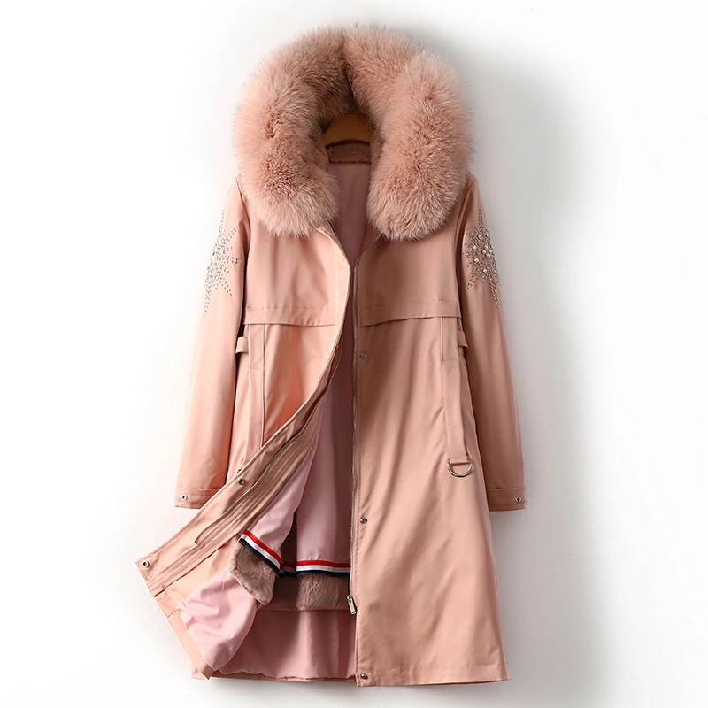 pink Роскошная подкладка из натурального кроличьего меха с капюшоном, Толстая теплая меховая парка, Женская длинная большая теплая пуховая куртка с натуральным лисьим меховым воротником и капюшоном F695 - Цвет: pink